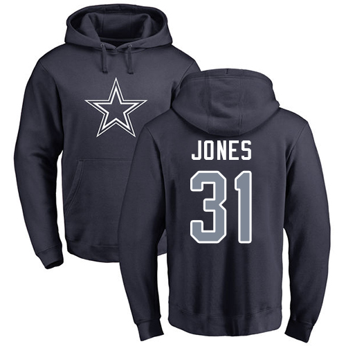 Men Dallas Cowboys Navy Blue Byron Jones Name and Number Logo 31 Pullover NFL Hoodie Sweatshirts